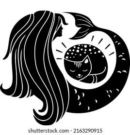 Mermaid and cat - black and white abstract vector drawing