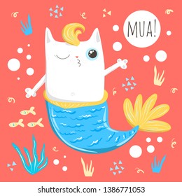 Mermaid cat cartoon vector character. Happy and cute underwater magical creature colorful illustration. Ocean mythical life hand drawn design elements. Fairytale isolated clipart. EPS8 vector.
