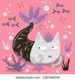 Mermaid cat cartoon vector character. Cute underwater magical creature colorful illustration. Bored cat. Ocean mythical life hand drawn design elements. Fairytale isolated clipart. EPS8 vector.