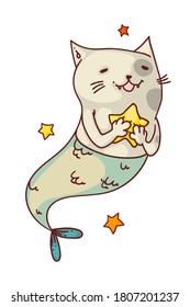 Mermaid cat fantasy creature. Isolated funny mermaid cat fish cartoon character holding starfish sketch drawing. Vector cute happy fantasy creature animal doodle art