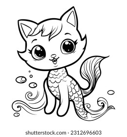 Mermaid cat hand drawn illustration Black And White Vector