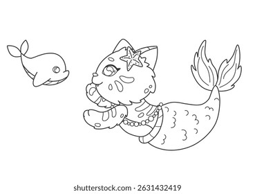 Mermaid cat with little dolphin art line for coloring page. Preschool coloring page with kawaii mermaid kitten. Friendship under water. Educational coloring book for kids