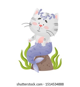 Mermaid cat is sitting on the stone. Vector illustration on a white background.