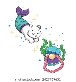 The mermaid cat swims to a shell with a pearl. Vector illustration isolated on a white background	