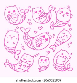 Mermaid cat vector linear coloring cute tail underwater heart children's teddy bear character isolated set