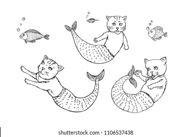 Mermaid cats collection and funny fishes, hand drawn outline doodle sketch, black and white vector illustration