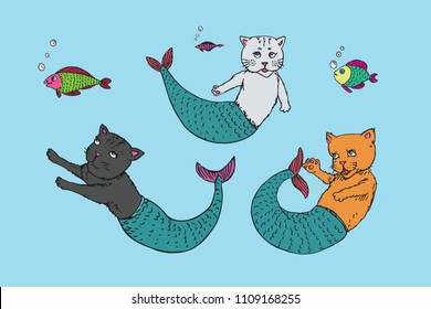 Mermaid cats collection and funny fishes, hand drawn colorful doodle sketch, vector illustration