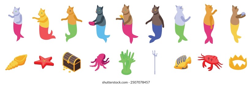 Mermaid cats icons set. Cat mermaids posing underwater with sea treasure and marine life