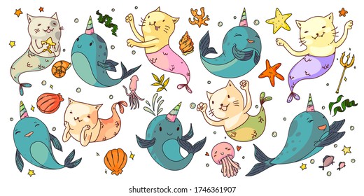 Mermaid cats and unicorn narwhals. Fantasy underwater animals set. Funny mermaid cats, unicorn narwhals, sea shell, jellyfish, starfish collection. Fairy ocean nature drawings