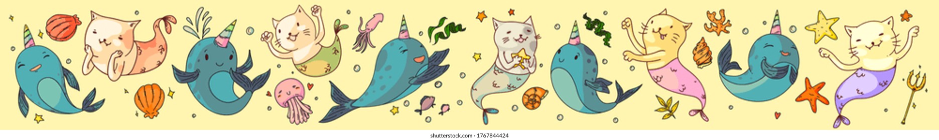 Mermaid cats and unicorn narwhals fantasy animals set. Funny mermaid cat, unicorn narwhal, sea shell, jellyfish, starfish collection. Vector fantasy underwater ocean animal drawings