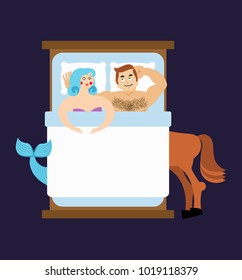 Mermaid and centaur in bed. Mythical love. Magic Lovers. Illustration for Valentines day. 14th of February