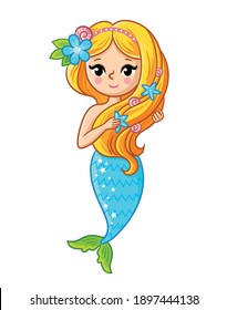 Mermaid character cartoon, cute girl,, isolated on white background.