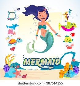 Mermaid. character design with animal and coral set. aquatic life concept - vector illustration