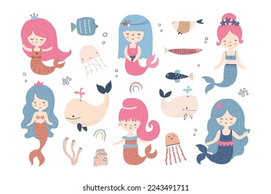 Mermaid character, fish and whales. Sea. Childrens design. Scandinavian style.