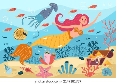 Mermaid character swimming on sea bottom underwater concept. Vector flat graphic design illustration