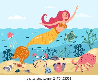 Mermaid character swimming on sea bottom underwater concept. Vector flat graphic design illustration