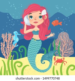 Mermaid character, under water background. Vector illustration