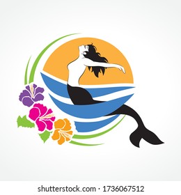 mermaid character with water wave, sun and hibiscus flowers, vector