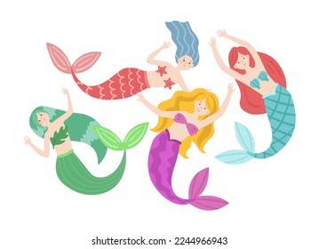 Caracteres de sirena con ilustraciones vectoriales de cabello largo. Dibujos de caricaturas de hermosas mujeres cómicas con colas de peces coloridas sobre fondo blanco. Criaturas míticas, cuento de hadas, concepto de fantasía