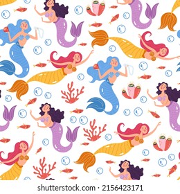 Mermaid characters seamless pattern. Vector flat cartoon graphic design illustration