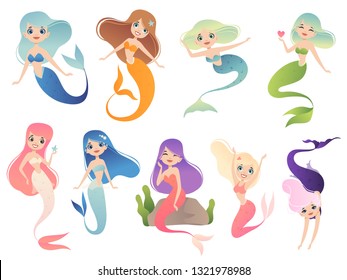 Mermaid characters. Teen swimming mystical phantasy princess underwater woman vector cartoon mascot