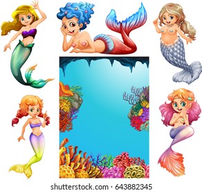 Mermaid characters and underwater scene background illustration