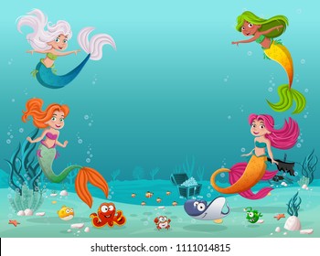 Mermaid children swimming with fish under the sea. Underwater world with corals.
