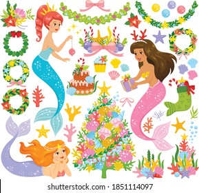 Mermaid Christmas clipart set. Magical under the sea Christmas concept with a colorful coral Christmas tree.