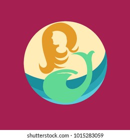 mermaid circle icon wave long hair logo vector isolated