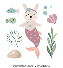 Mermaid clipart. Cute mermaid animal clipart in cartoon flat style. Ocean clip art. Nautical Hand drawn vector illustration.