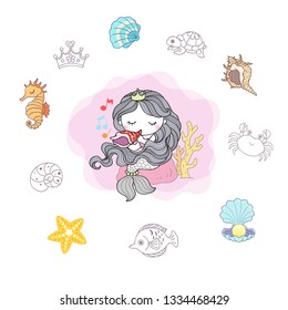 Mermaid with closed eyes, a shellfish, and marine life around