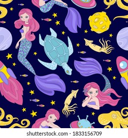 MERMAID CLOTH Cartoon Space Sea Cosmos Galactic Princess Journey Traveling Seamless Pattern Vector Illustration For Print