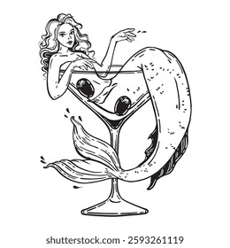 Mermaid cocktail glass illustration, vector hand drawn bachelorette party invitation card design. Summer tropical bar logotype print, fantasy sea woman character tattoo. Alcohol mermaid cocktail sign