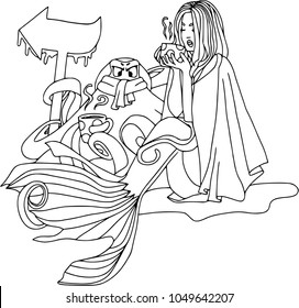Mermaid with coffee cup and dissatisfied octopus. Cartoon characters, isolated on white, coloring outline