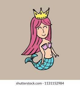 Mermaid colorful hand drawn cartoon vector illustration.