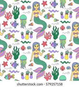 Mermaid colorful underwater creatures water plants seamless doodles vector pattern