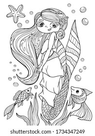 mermaid coloring book antistress for children and adults isolate on a white background cute character girl with fish ornament outline vector illustration page poster print for t-shirt tattoo