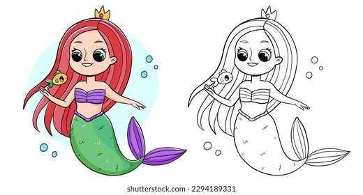 Mermaid coloring book with coloring example for kids. Coloring page with mermaid. Monochrome and color version. Vector children's illustration.