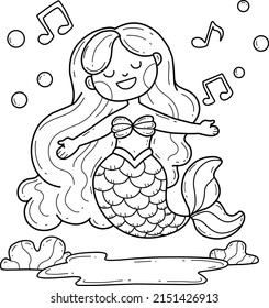 mermaid coloring book . Isolated on white background. Vector cartoon medmaid singing