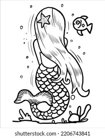 Mermaid coloring book page for kids line art vector blank printable design for children to fill in.