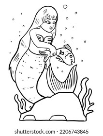 Mermaid coloring book page for kids line art vector blank printable design for children to fill in.
