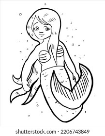 Mermaid coloring book page for kids line art vector blank printable design for children to fill in.