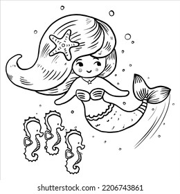 Mermaid coloring book page for kids line art vector blank printable design for children to fill in.