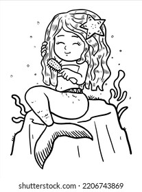 Mermaid coloring book page for kids line art vector blank printable design for children to fill in.