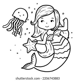 Mermaid coloring book page for kids line art vector blank printable design for children to fill in.