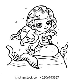 Mermaid coloring book page for kids line art vector blank printable design for children to fill in.