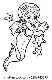 Mermaid coloring book page for kids line art vector blank printable design for children to fill in.