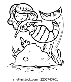 Mermaid coloring book page for kids line art vector blank printable design for children to fill in.