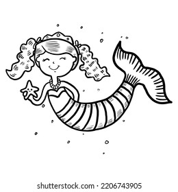 Mermaid coloring book page for kids line art vector blank printable design for children to fill in.