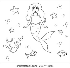 (Mermaid Coloring Page: 12) Cute mermaid with goldfishes, green grass, water bubbles on background, vector black and white coloring page.